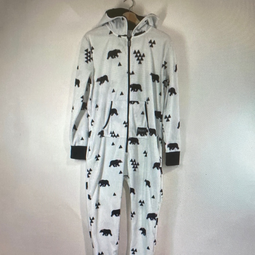 Tipsy Elves White and Black Bear Pattern Hoodie Onesie